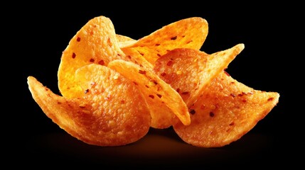 A pile of spicy flavored potato chips seasoned with red pepper on a dark background viewed from above