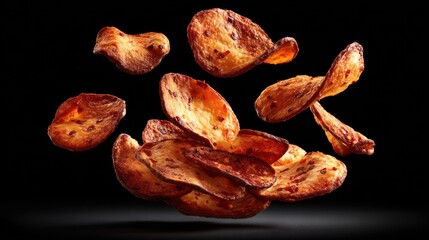 Fried potato slices suspended mid-air against a dark background from a direct viewpoint photography