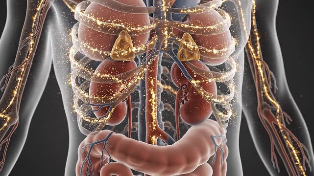 Anatomical animation shows human kidneys and adrenal glands releasing adrenaline into the bloodstream