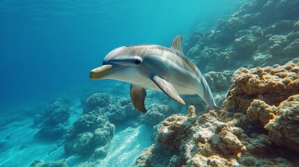A graceful dolphin swims above coral reefs in the transparent depths of the sea, highlighting the beauty of the underwater world.
The perfect atmospheric backdrop for presentations on ocean ecology 