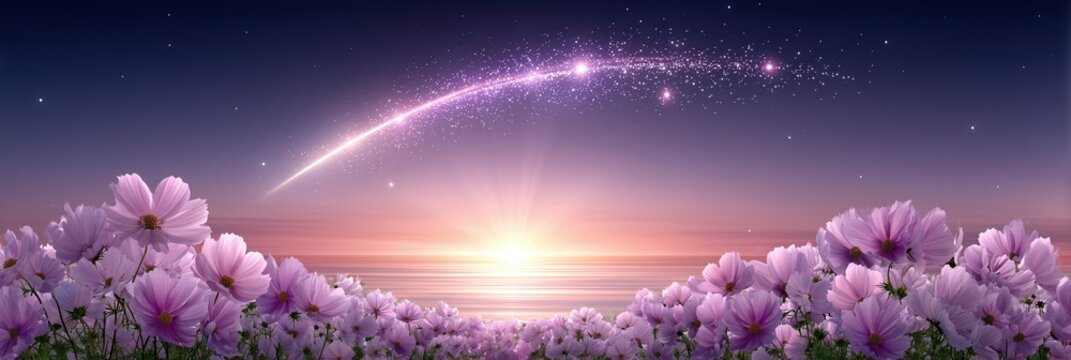 Magical cosmic sunset over a field of purple flowers with a shooting star streaking across the twilight sky.