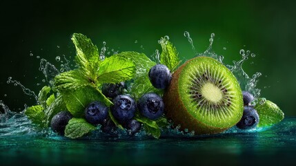 Fresh kiwi and blueberries splashing in water with mint leaves, captured from a high viewpoint in a refreshing environment