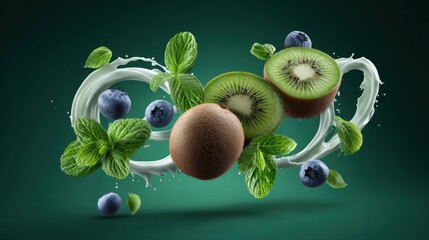 Fresh kiwi, blueberries, and mint leaves floating in a splash of liquid, captured from a front viewpoint