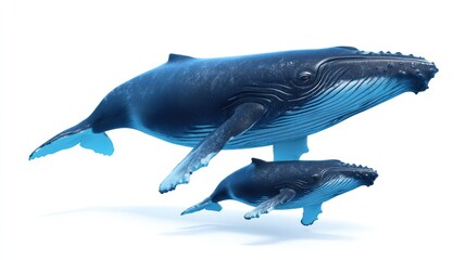 A majestic blue whale swims alongside its calf in the vast ocean waters viewed from a side perspective.