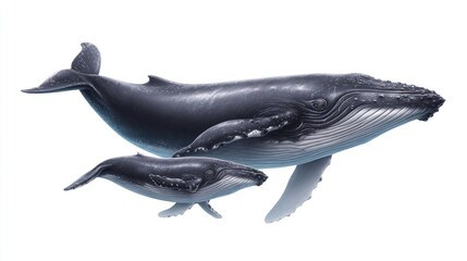 A majestic whale and its calf swim together in the ocean viewed from the side.