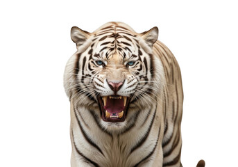 Obraz premium A fierce white tiger with black stripes standing and roaring with an open mouth showing its teeth and tongue, close-up shot, majestic animal wildlife photography, isolated on transparent background