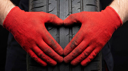 Close up Hands technician in red gloves grips a car tire, highlighting its tread design, rubber texture against a clean white backdrop