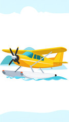 Yellow seaplane with pontoons over rippling blue water, stylized and against a pale sky