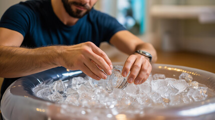 Fototapeta premium Faceless hands pouring ice cubes into inflatable tub for ice bathing, cold therapy Wim Hof Method practice, wellness meditation fitness recovery, with copy space