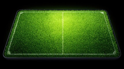 Aerial view of a green soccer field with white lines on a grassy surface in a sports stadium