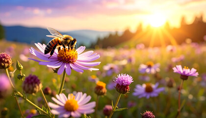 Bee pollinating a flower in sunlit meadow. Flowers, grasses, mountains on background