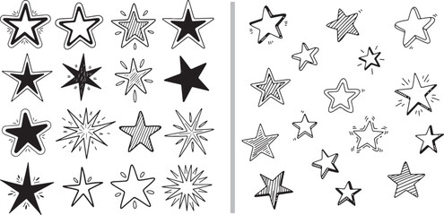Fototapeta premium A dual-panel vector set of hand-drawn stars. The left shows black icons with solid, dotted, and outlined textures; the right features matching red stars in various artistic styles.