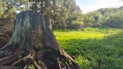 Obraz premium Close Up of Old Tree Trunk Roots in Lush Green Grassy Meadow