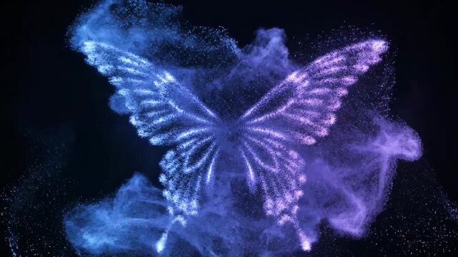 Glowing blue and purple particle butterfly flapping wings with dispersing dust smoke on black background