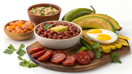 A generous version showing beans, chorizo, sausage, plantains and egg.