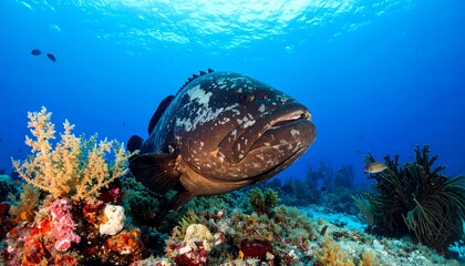Obraz premium A large grouper swims through vibrant coral reef, captured underwater with an incredible close-up view. The fish looks directly at the camera