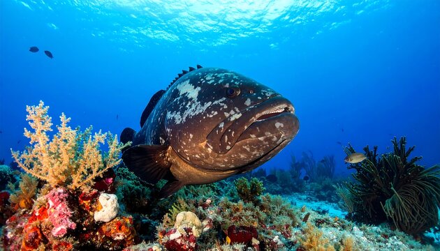 A large grouper swims through vibrant coral reef, captured underwater with an incredible close-up view. The fish looks directly at the camera