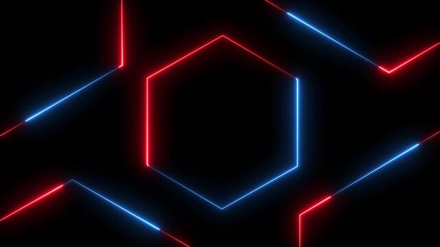 Neon hexagon light lines on dark background, glowing red and cyan geometric tech frame animation.