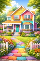 multicolor house and multicolor garden with variety of flowers