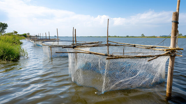 Traditional river harvesting fish cage supporting sustainable capture practices, proven functional craftsmanship longevity, heritage fishing methods preservation, with copy space