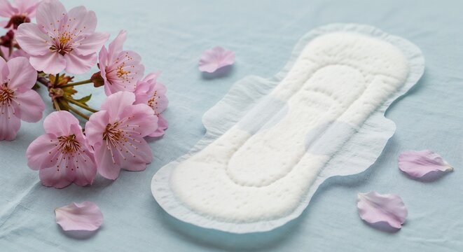 Feminine hygiene pad on light blue background with pink flowers  