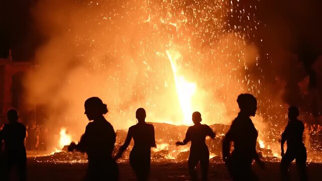 Silhouettes of people watching a large fire during Las Fallas festival