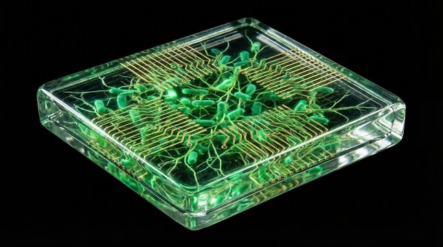 Neuronal network on transparent chip with gold microelectrode grid and green cells