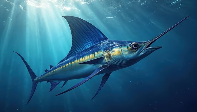 Blue marlin swims in deep ocean water. Sunlight rays shine from above surface. The big predatory fish has sharp bill and fins. Its scales glitter underwater.