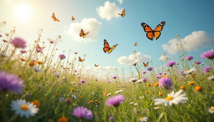 Naklejka premium Wildflowers and butterflies fill a sunlit meadow under a clear blue sky with fluffy clouds. Lush green grass and vibrant blooms create a peaceful natural scene.
