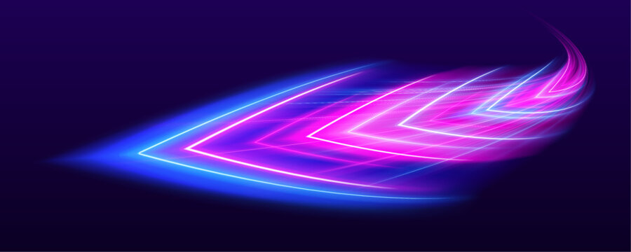 Twisting neon arcs form glowing loops over a dark abstract cyber grid. Motion blur enhances speed and futuristic energy flow. Vibrant glowing vector.