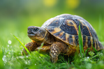 Obraz premium Turtle moving slowly through fresh green grass in the early morning with visible dew drops on leaves