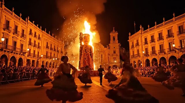 Spectacular Las Fallas festival firework display in Valencia, Spain