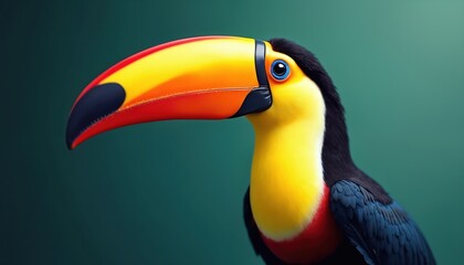 Obraz premium Close up portrait of colorful toucan bird with big beak. Wild avian creature in profile against soft green background. Nature wildlife animal.