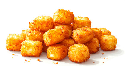 Pile of golden, crispy fried cheese cubes on a white surface with slight shadows