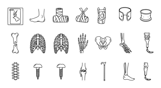 Set of orthopedics and traumatology linear icons isolated on transparent background. Vector collection of broken bones, prosthetics, and rehabilitation equipment.