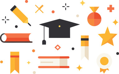 A collection of graduation and education-related icons including a cap, books, medals, and stars Vector, illustration