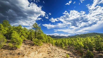 A serene, mountainous landscape with a mix of evergreen trees and rocky terrain under a bright, partly cloudy sky.