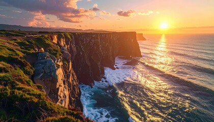 Coastal cliff at sunset, magic hour, waves below, adventurous atmosphere
