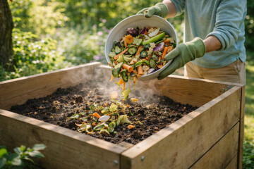 Composting organic waste in a wooden compost bin outdoors