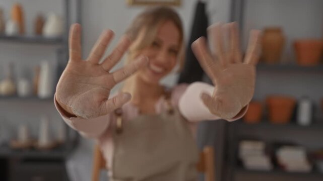 Smiling woman extends clay coated hands towards camera in a pottery studio; creativity joy invitation craftsmanship.