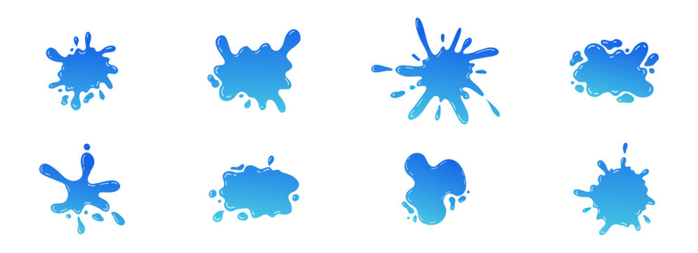 Water puddle splash frame, liquid shape with drops, abstract blob. Uneven wavy border edge set, paint, puddle, stain, rounded blot with splashes droplets.