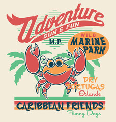 Caribbean adventure funny crab marine park  cute vector artwork for summer baby children wear t shirt sweatshirt pajamas