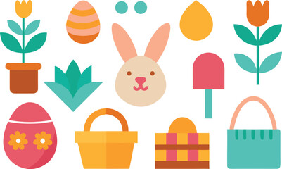 A collection of colorful easter elements including a bunny, eggs, tulips, and baskets Vector, illustration