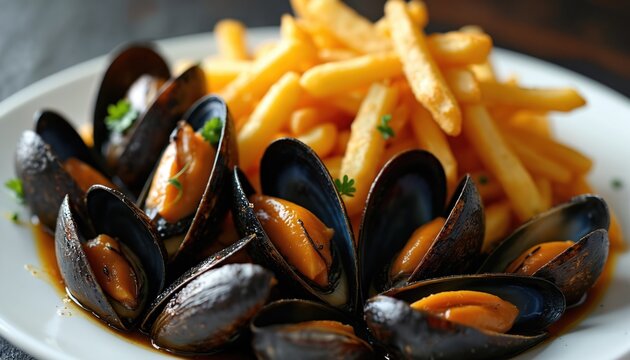 Cooked mussels and french fries served on white plate. Seafood dish with herbs and sauce. Delicious meal ready to eat. Lunch or dinner cuisine.