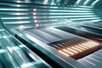 Obraz premium Close-up of sleek metal chips cover with blue glow and futuristic industrial design