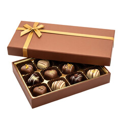 An elegant open brown gift box with a golden ribbon and bow revealing a luxurious selection of gourmet chocolates and decadent truffles under soft war