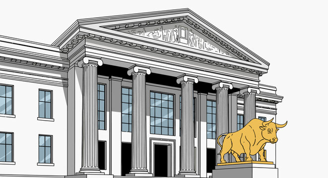 tock exchange building with golden bull statue, financial market concept.