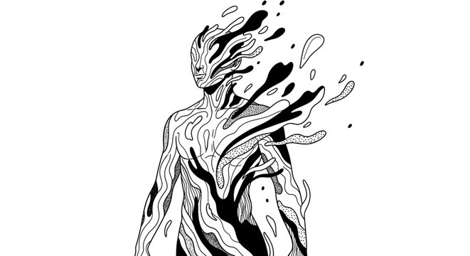 Abstract line art illustration of a dissolving human figure, concept of identity crisis or self-transformation