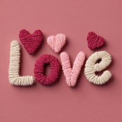 Heartfelt love message crafted with yarn hearts and letters on a soft pink background from a top view