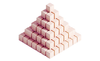 Wooden cubes stacked in pyramid formation on transparent background for design and architecture concepts transparent background